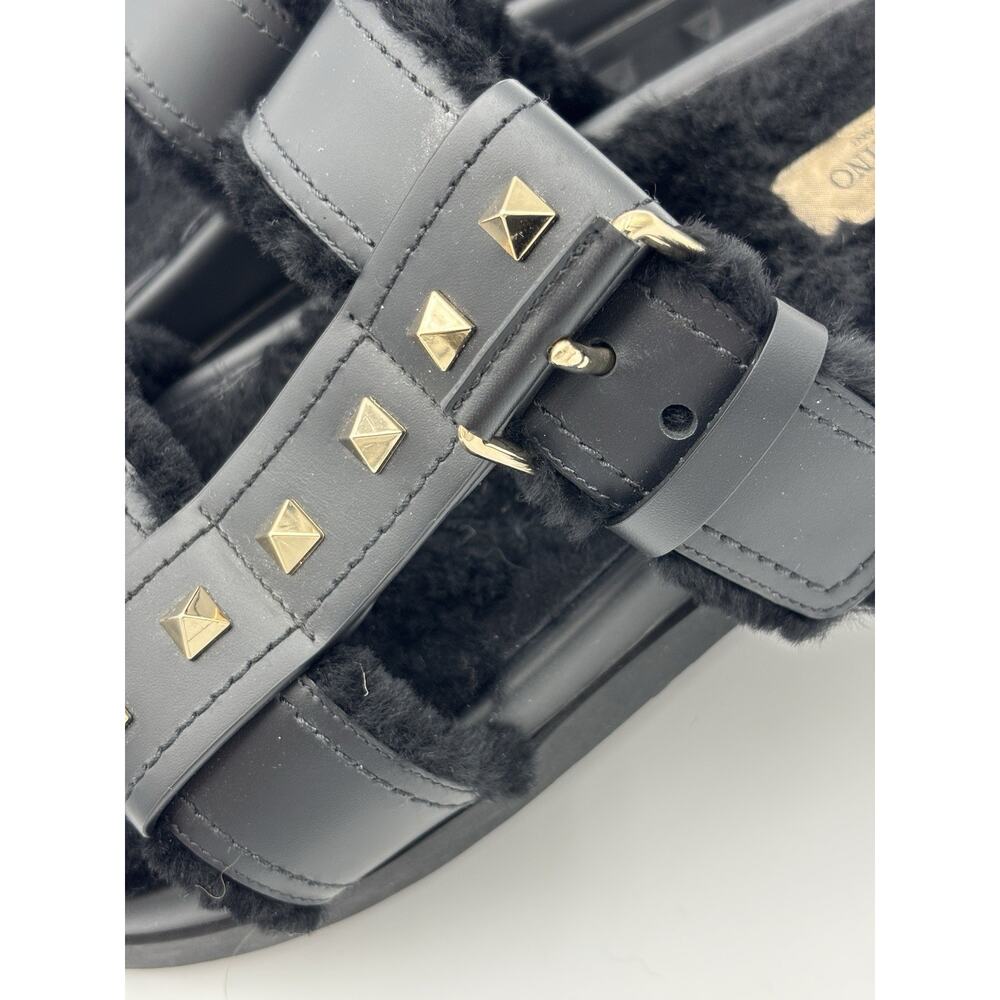 Authentic Valentino Rockstud Fur Lined Slides Dad Sandals Black Leather Size 38 - Picture 8 of 14